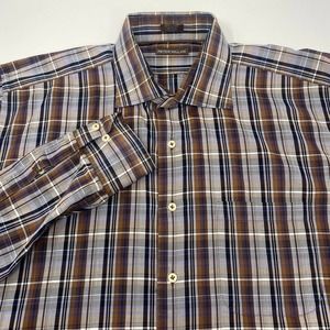 Peter Millar XL Brown Blue Black Plaid Long‎ Sleeve Button Up Shirt